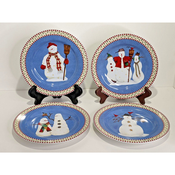 Sakura Debbie Mumm SNOWMAN Salad Dessert Lunch Plates Set of 4 NEW - Picture 1 of 8